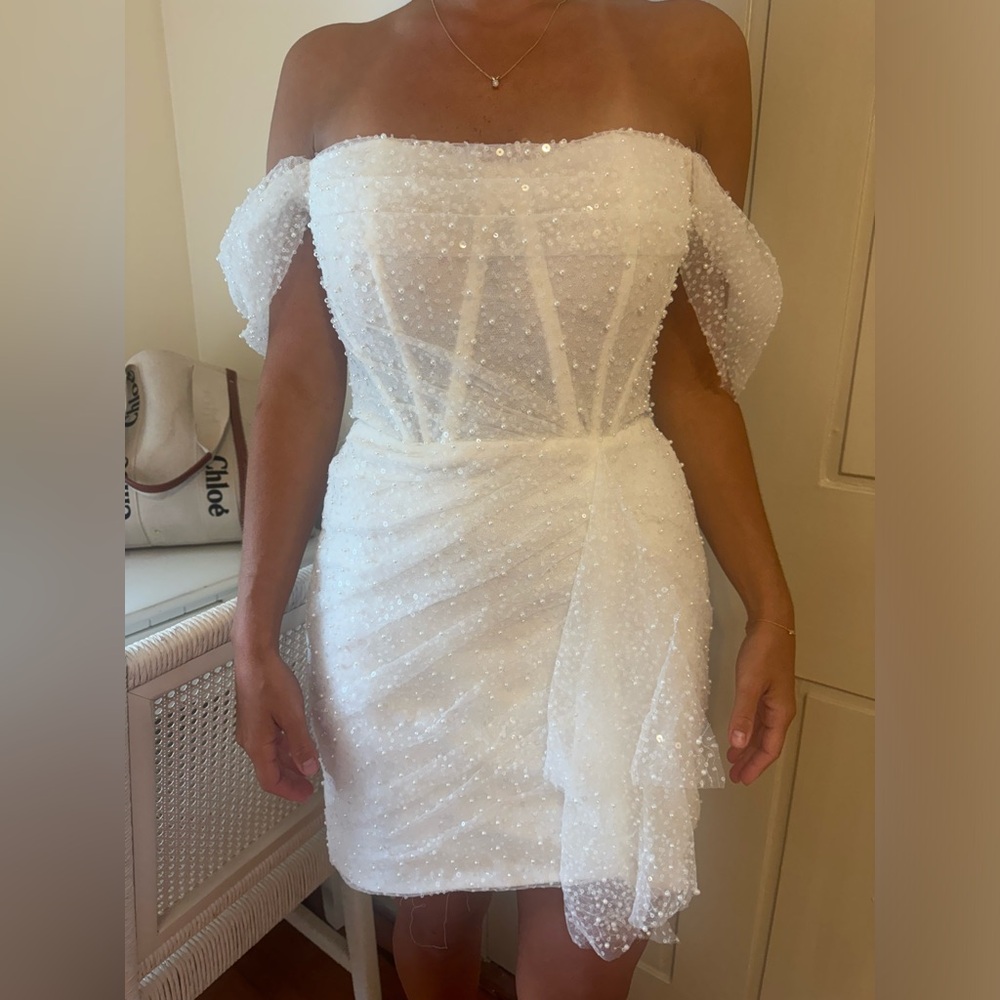 Watters Strapless White Dress with Sequins